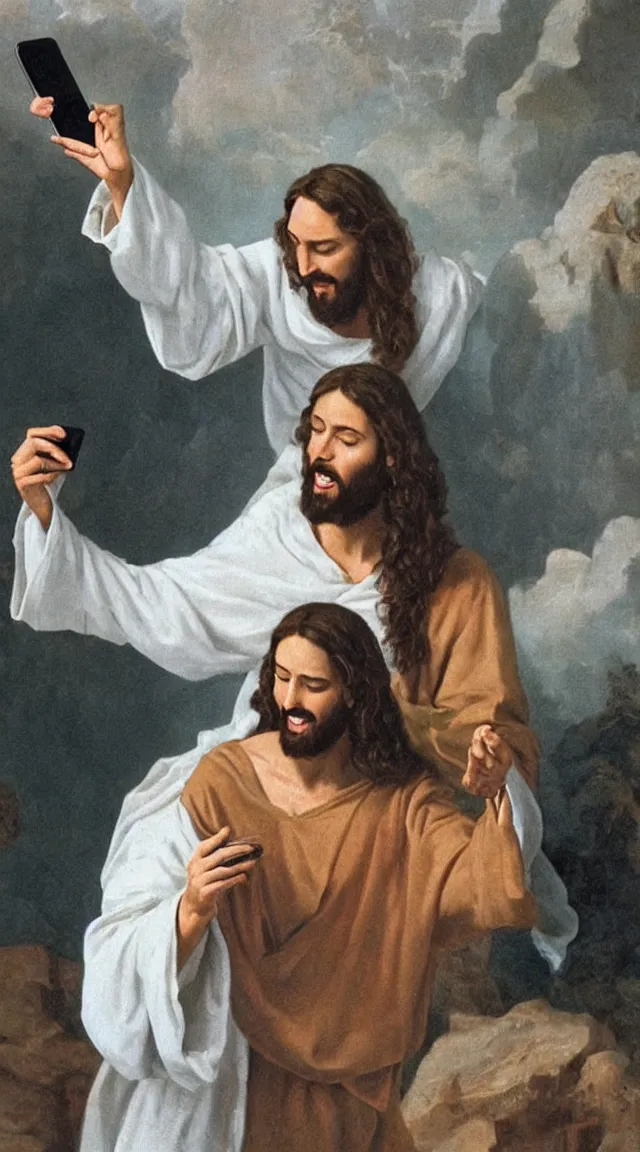 Image similar to Jesus taking a selfie. He is laughing because see a meme.no letters, year 0 clotes, Professional photo