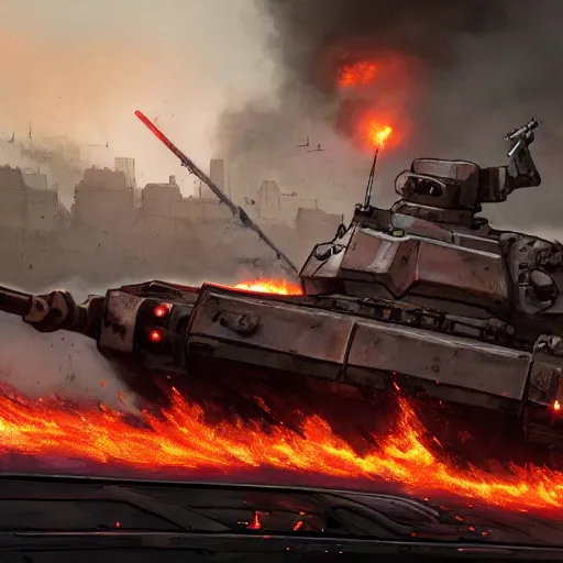 Prompt: comic book style tank on a burning bridge, NATO, high-tech, heroic, low angle, urban background, highly detailed, high quality, artstation, concept art, sharp focus, illustration, art by artgerm and greg rutkowski and magali villeneuve, red brown and white color scheme, high quality