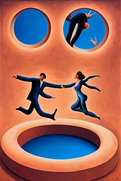 Image similar to optical illusion painting of a couple dancing in a worm hole, illusionism, mind blow, by leandro erlich and salvador dali, detailed