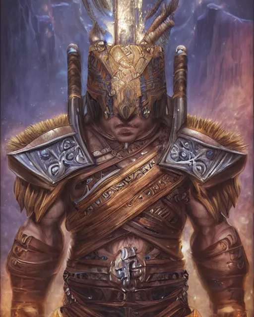 Image similar to digital painting of incan lancer, by filipe pagliuso and justin gerard, symmetric, fantasy, highly detailed, realistic, intricate, portrait, sharp focus, tarot card, face, handsome, peruvian