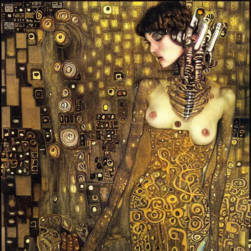 Image similar to cybernetic demon sleeping in circuitry, intricate detail, jazz age, klimt, miro, royo, whealan,