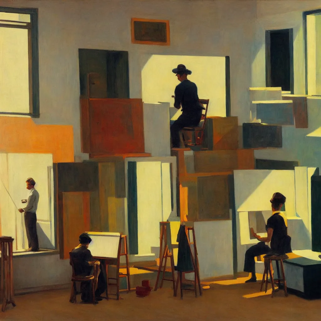 Image similar to painting of a artist, creating in his studio alone, in a huge studio, in the style of edward hopper