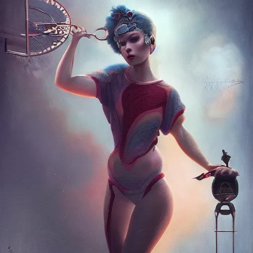 Image similar to artstyle Tom Bagshaw, ultra realist soft painting of a single female mixed in the curiosities carnival, partial symmetry accurate features, very intricate details, futuristic sport arena, focus, curvy, award winning