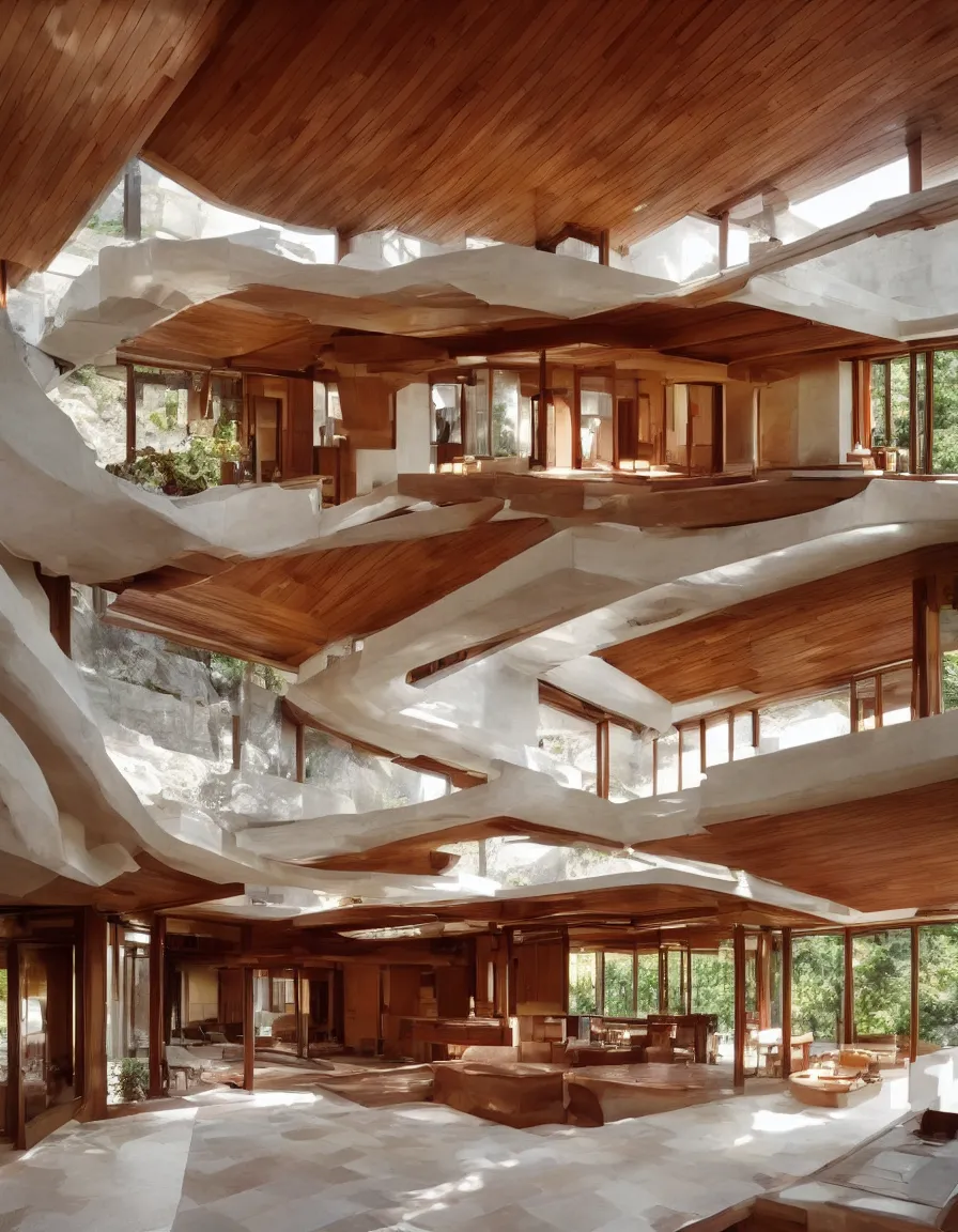 Image similar to a flowing villa with architectural design ， by frank lloyd wright ， trending ，