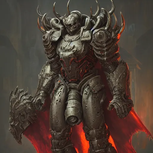 Image similar to doom knight of hell wearing heavy armor, au naturel, hyper detailed, digital art, trending in artstation, cinematic lighting, studio quality, smooth render, unreal engine 5 rendered, octane rendered, art style by klimt and nixeu and ian sprigger and wlop and krenz cushart