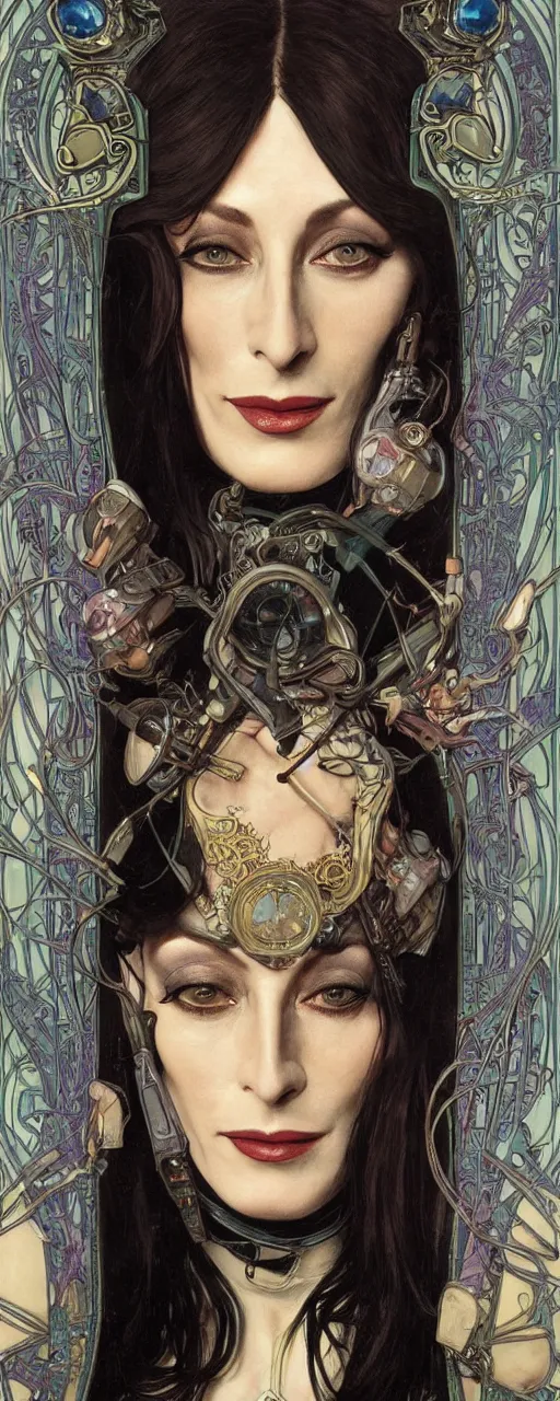 Image similar to beautiful enticing cyberpunk art nouveau style portrait of anjelica huston as a chic street soldier by olivia de bernardinis, moebius, chris achilleos and alphonse mucha, photorealism, extremely hyperdetailed, perfect symmetrical facial features, perfect anatomy, ornate declotage, latex, weapon, high technical detail, confident expression, wry smile