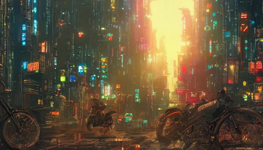 Image similar to A beautiful picture of an establishing shot of akira\'s bike on a cyberpunk neo tokyo cityscape by Sergey Vasnev and square pictures , trending on artstation