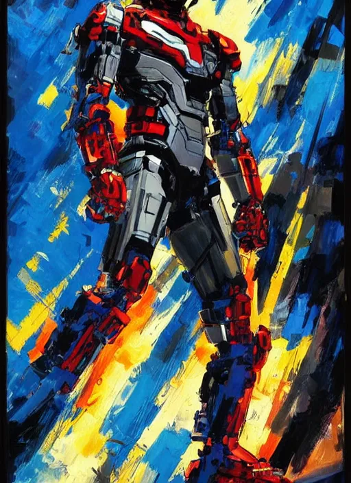 Prompt: marvel mcu falcon, wearing futuristic cybernetic battle armor, by ashley wood, yoji shinkawa, jamie hewlett, 6 0's french movie poster, french impressionism, vivid colors, palette knife and brush strokes, dutch angle