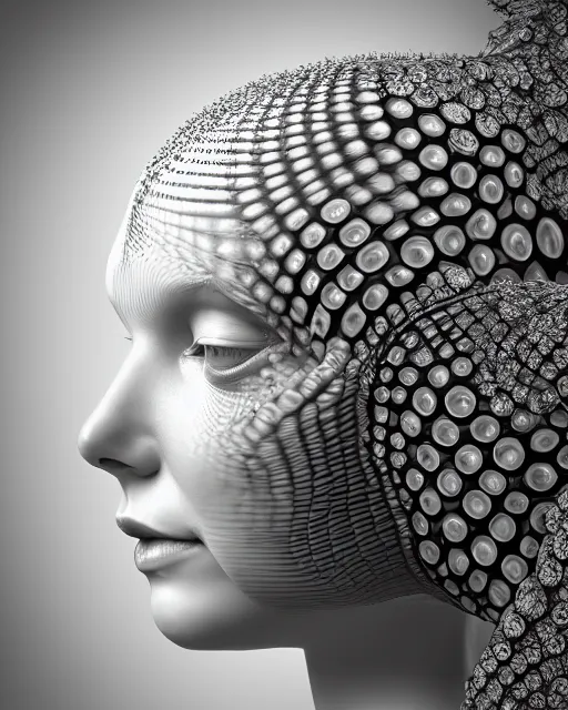 Image similar to mythical dreamy black and white organic bio-mechanical spinal ribbed profile face portrait detail of translucent steampunk beautiful female angelic-human-queen-vegetal-cyborg, highly detailed, intricate crystal jelly ornate, poetic, 3D render, digital art, octane render, 8K artistic photography, photo-realistic, by Dora Maar