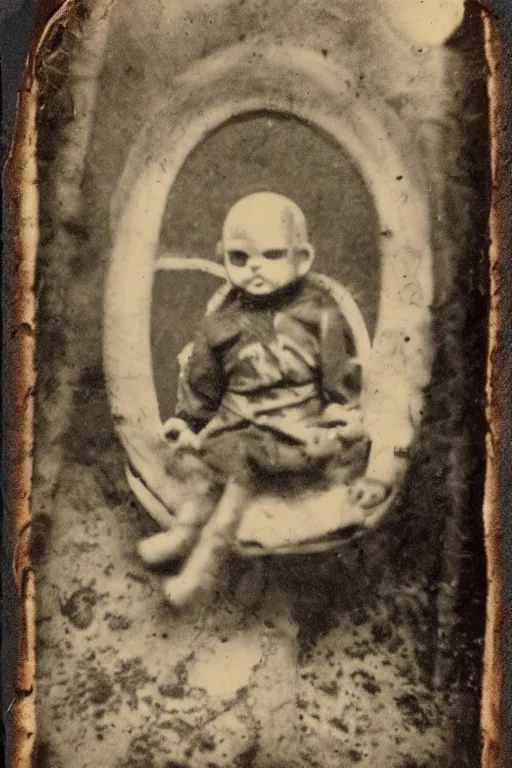 Image similar to dirty cracked crying vintage evil bald doll sitting in dirt basement cobwebs tintype photo