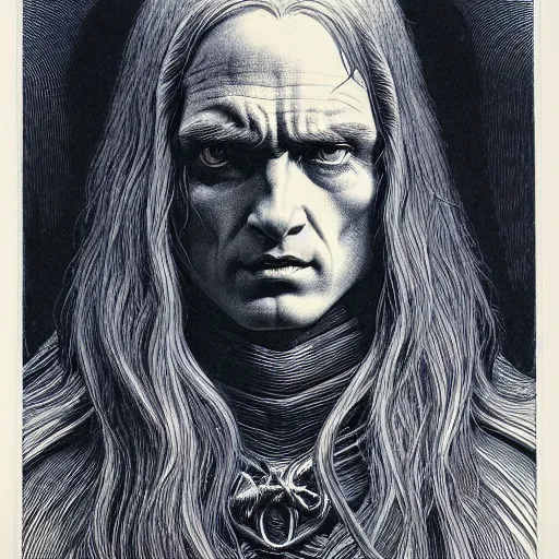 Image similar to medium portrait soft light, by bernie wrightson and joe fenton, inspired by lord of the rings, blue and grey only, etching, fine, sharp high detail,