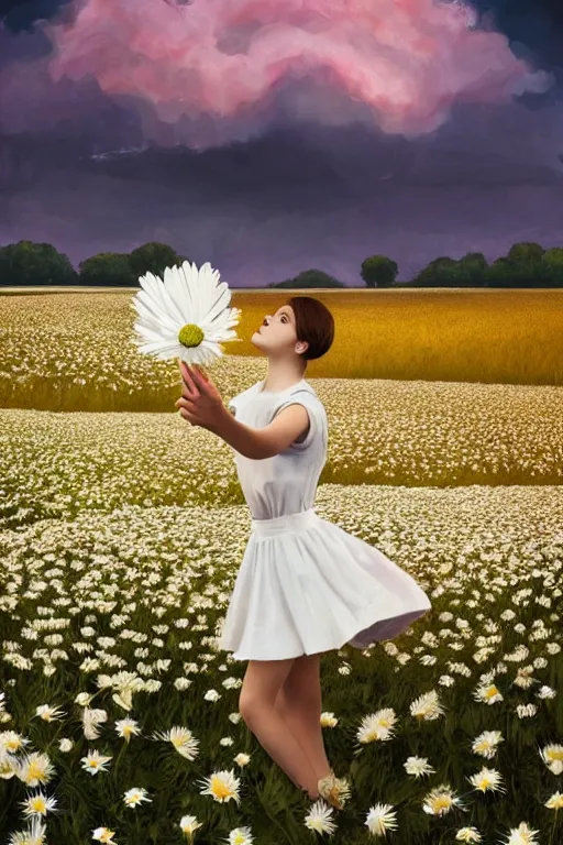 Image similar to giant white daisy flower on shoulder, girl dancing in a flower field, surreal photography, sunrise, dramatic light, impressionist painting, colorful clouds, digital painting, artstation, simon stalenhag