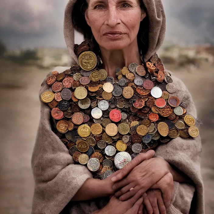 Prompt: closeup portrait of a woman wearing a cloak made of coins and flowers, standing in an apocalyptic smoking city, by Annie Leibovitz and Steve McCurry, natural light, detailed face, CANON Eos C300, ƒ1.8, 35mm, 8K, medium-format print