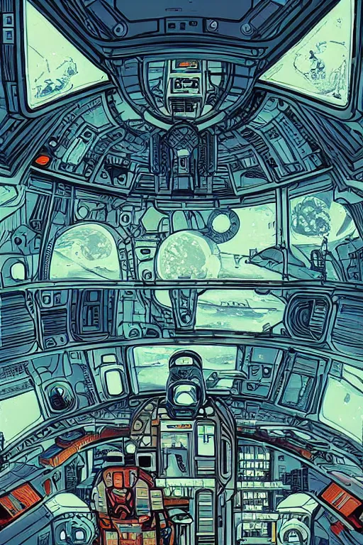 Image similar to Inside a room alien spaceship with large window that provide a scenic view of a huge planet can be seen in the background, Highly detailed labeled, poster, aesthetic, haeccety by Feng Zhu and Loish and Laurie Greasley