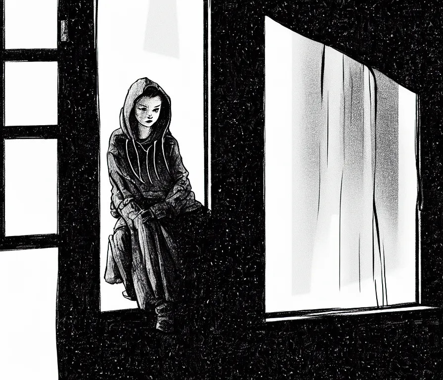 Image similar to sadie sink in hoodie sits on windowsill, knees tucked in | rain falls at night : b & w storyboard drawing, scifi cyberpunk. by gabriel hardman, joe alves, chris bonura. cinematic atmosphere, detailed and intricate, perfect anatomy