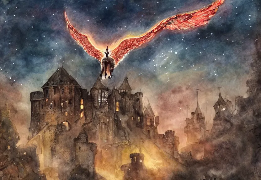 Image similar to legendary fire winged possum flying over a medieval forest castle at night under the dark starred sky, dark fantasy, watercolor, dreaming illusion, highly detailed, 4k, trending on Artstation