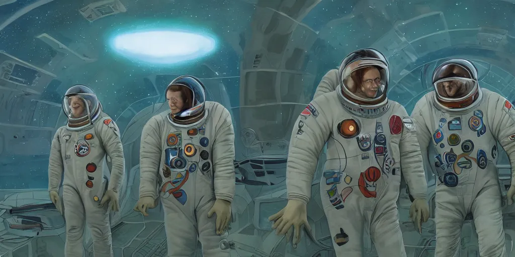 Prompt: a portrait of stallone and van damm pilots in spacesuit on field forrest spaceship station landing laying lake artillery outer worlds in FANTASTIC PLANET La planète sauvage animation by René Laloux