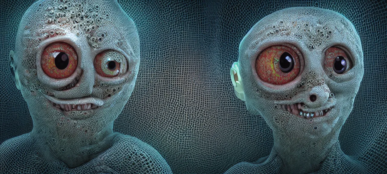 Prompt: high resolution 4k Minions eyes trypophobia love 3d exposure therapy In the art style of Victor Nizovtsev and H. R. Giger