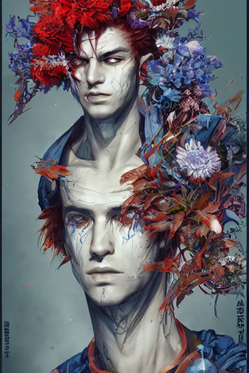 Image similar to portrait of beautiful young man, warhammer, japanic style, more and more cyberpunk, a lot of more scars, more and more flowers, blue head, some red water, the middle ages, highly detailed, artstation, illustration, artgerm sylvari portrait, 8 k quality, art by max ernst