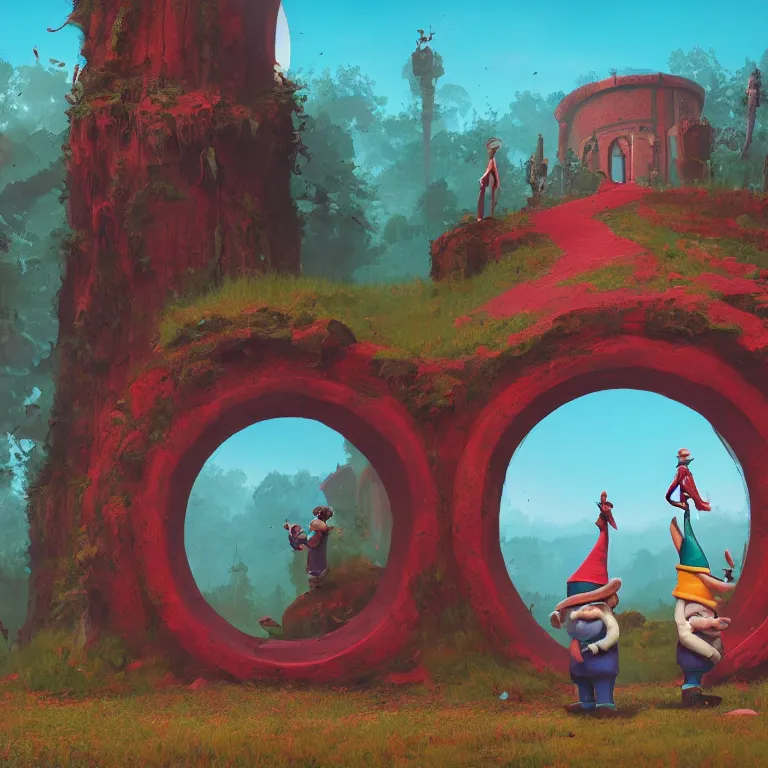 Prompt: two gnomes standing in front of a circular portal, open to a red world. Detailed digital matte painting in the style of simon stalenhag