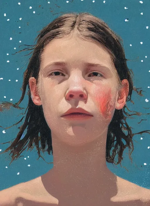 Image similar to composition by justine kurland, an extreme up - close portrait of a girl looking slightly down to the rigjt in a scenic representation of mother nature and the meaning of life by billy childish, thick visible brush strokes, shadowy landscape painting in the background by beal gifford, vintage postcard illustration, minimalist cover art by mitchell hooks