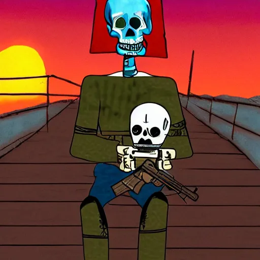 Image similar to manny calavera sitting with a rifle, in a cabin, on a lake, sunrise, grim fandango style,