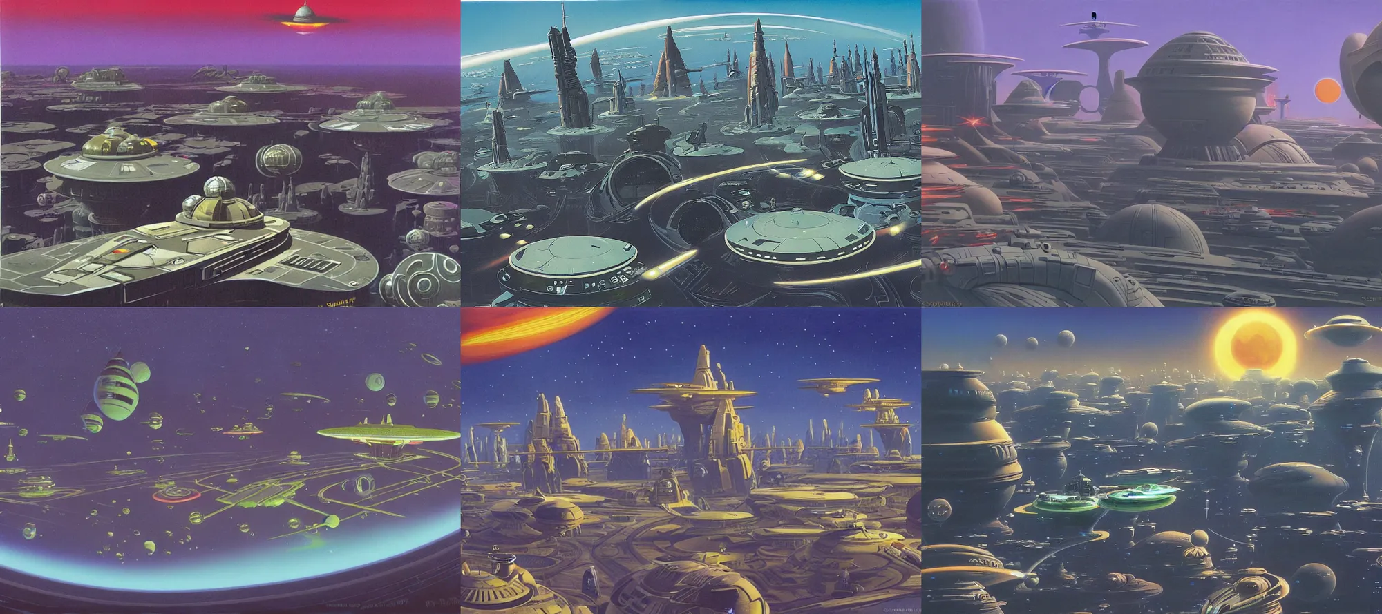 Prompt: Coruscant landscape in the style of Dr. Seuss, starships, painting by Ralph McQuarrie