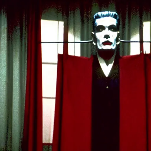 Image similar to the black lodge, Twin Peaks (1990), eerie surreal nightmare, david lynch, red curtains, ominous