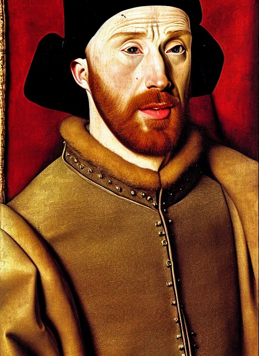 Image similar to portrait of chris evans, oil painting by jan van eyck, northern renaissance art, oil on canvas, wet - on - wet technique, realistic, expressive emotions, intricate textures, illusionistic detail