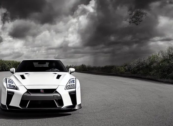 Prompt: 105mm photograph f1.8 full view mid distance front side view white Nissan GT-R showroom beautiful lighting from 2022