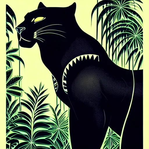 Image similar to artdeco illustration of one beautiful majestic black panther. beautiful. mysterious. intricately detailed. meticulously rendered. background is a jungle. epic skym hd. trending on art station. h 7 6 8