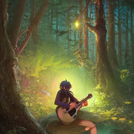 Image similar to racoon playing electric guitar in a forest, fantasy art by greg, loish, rhads, ferdinand knab, tom bagshaw, makoto shinkai and lois van baarle, rossdraws, ilya kuvshinov, night lighting, trending on studio ghibli, highly detailed, 8 k, octane render