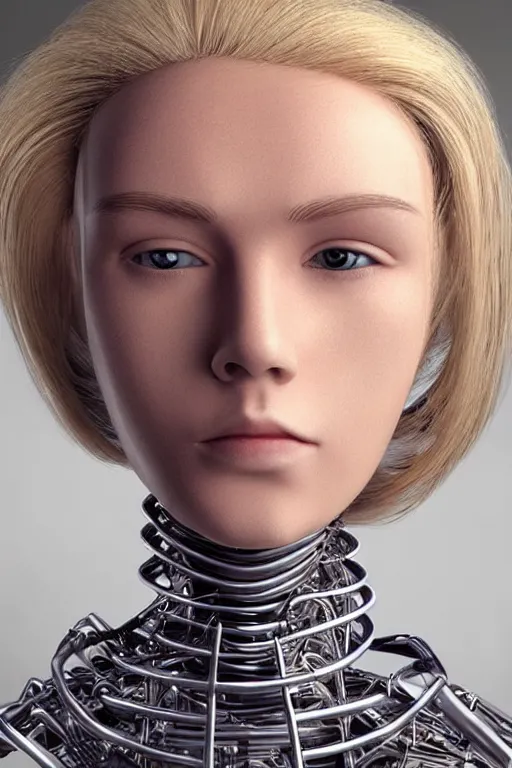 Image similar to robot with human face, female head, full body angle, woman human face, human face realistic, beautiful blonde hair, human head, human head with blonde hair, blonde hair human head, blonde hair, human realistic face, human head skin, cyborg frame concept, cyborg by ales-kotnik, sci-fi android female, the body is made of wires, robotic body, cyborg body, cyborg bust body, robot body cyborg, full body