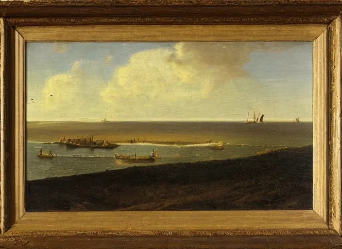Prompt: texel with the waddenzee in the background, the netherlands in the style of hudson river school of art, oil on canvas