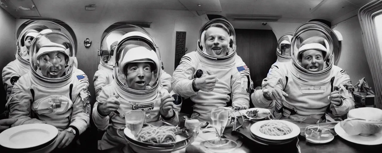 Image similar to 1 9 6 0's astronauts eating spaghetti on their way to the moon, ultra - realistic faces, fine detail, anon 5 0 mm, in the style of diane arbus, in the style of wes anderson, kodachrome, retro