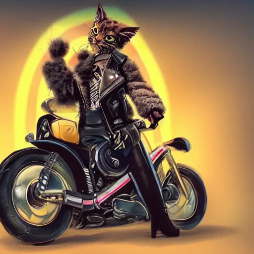 Image similar to wide angle full body, jacket wearing fluffy cute rainbow kitten wearing a black leather motorcycle jacket, riding on a motorcycle, cinematic concept art