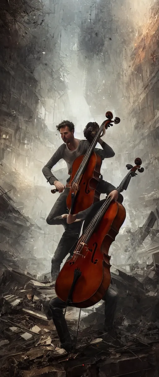 Prompt: a highly deatiled portrait of a cellist playing in the rubble of a fallen building, beautifully lit, concept art, sharp focus, in the style of Bastien Lecouffe-Deharme and steve argyle, artstation HD, octane render