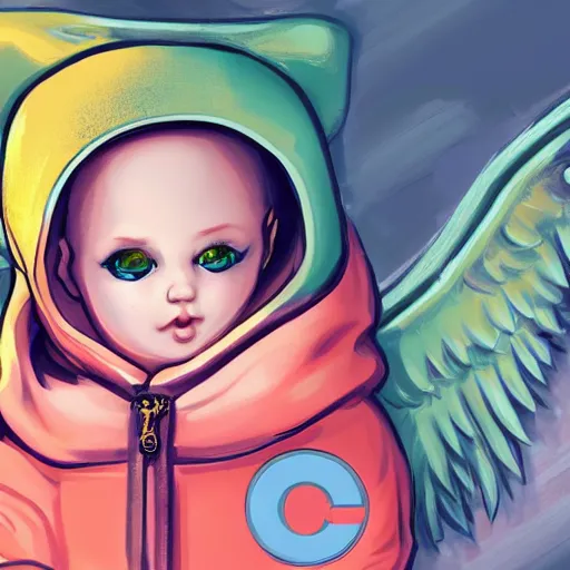 Image similar to baby Angel, baby cherub,wearing angel, face covered, Gucci, x logo, Chanel style , halo, ski mask, balaclava, face covered, wearing angel halo covered face, orange hoodie, hip hop, multiple golden necklaces, fantasy art apex fortnite Video game icon, 2d game art gta5 cover , official fanart behance hd artstation by Jesper Ejsing, by RHADS, Makoto Shinkai and Lois van baarle, ilya kuvshinov, rossdraws