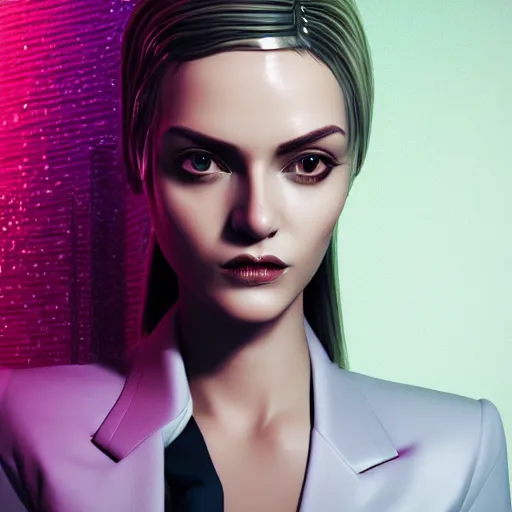 Image similar to stylish woman cartoon portrait made out of rain, pinstripe suit, metal crown, cyberpunk background, rendered in octane, unreal engine, highly detailed, trending on artstation, realistic, neon, beautiful