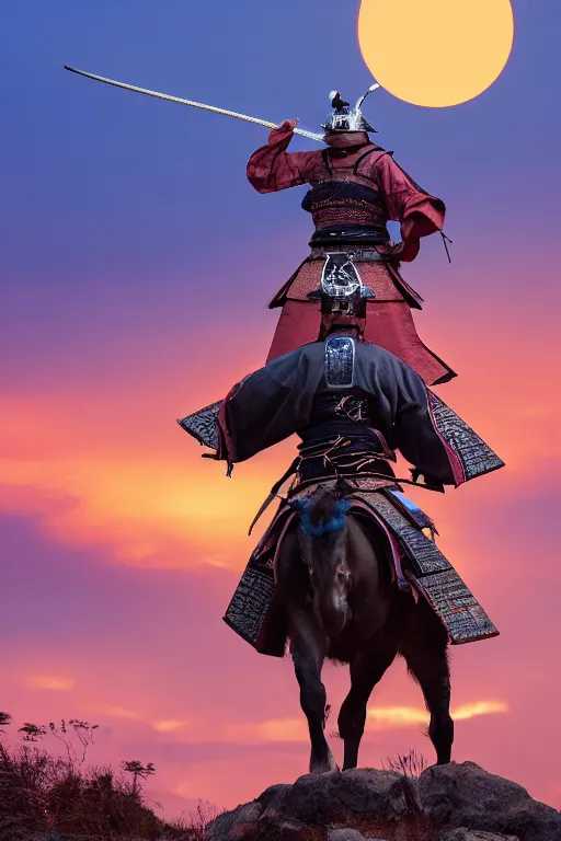 Image similar to highly detailed samurai warlord on a horse, atmospheric background, Japanese castle on background, sunset light, natural volumetric lighting, Toshiro Mifune, 8k,