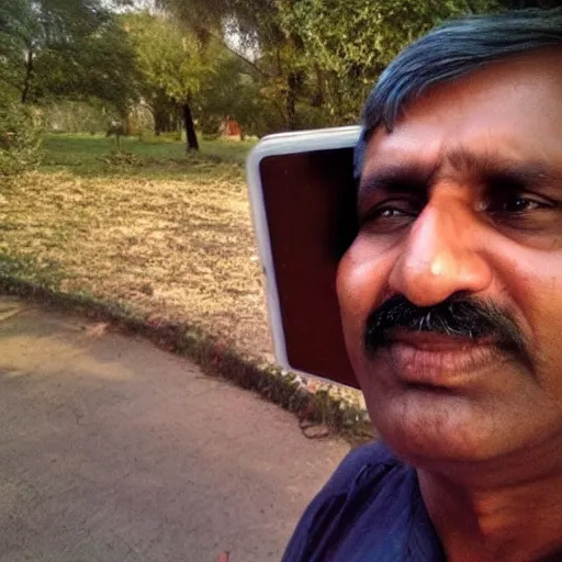 Prompt: my indian dad accidentally taking a selfie with the front camera, squinting because the camera flash is so bright in his face