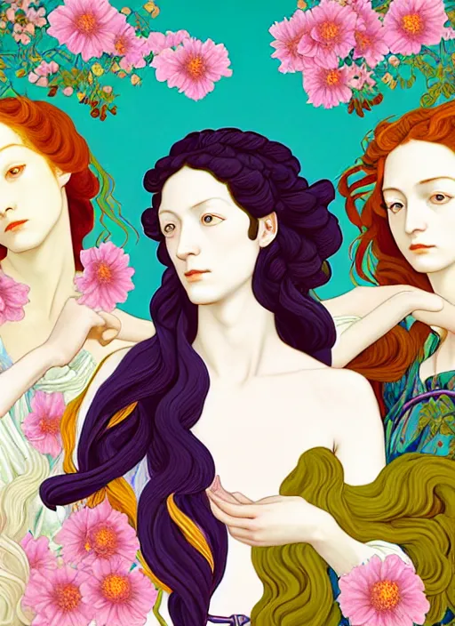 Image similar to 3 Spring Muses symbolically representing March, April, and May, in a style blending Æon Flux, Peter Chung, Shepard Fairey, Botticelli, Ivan Bolivian, and John Singer Sargent, inspired by pre-raphaelite paintings, shoujo manga, and cool Japanese street fashion, dramatically blossoming flora and fauna, petals falling everywhere, pastel vivid triad colors, hyper detailed, super fine inking lines, ethereal and otherworldly, 4K extremely photorealistic, Arnold render