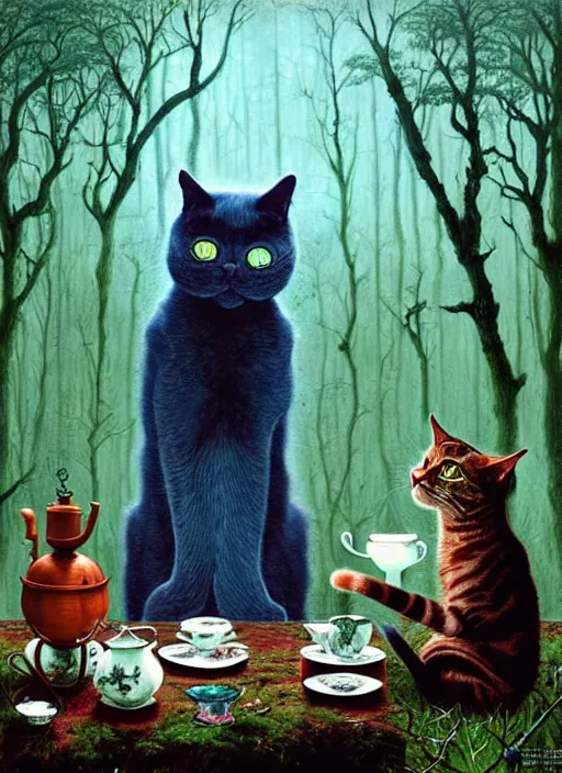 Image similar to cat having tea with a witch in the woods gorgeous lighting, lush forest foliage blue sky a hyper realistic painting by chiara bautista and beksinski and norman rockwell and greg rutkowski weta studio, and lucasfilm