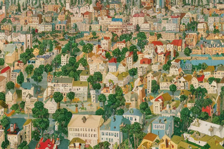 Image similar to an elaborate and dense painting of a peaceful neighborhood, detailed, made of alcohol ink on parchment and penned illustrations, by wes anderson and bosch and geoff darrow