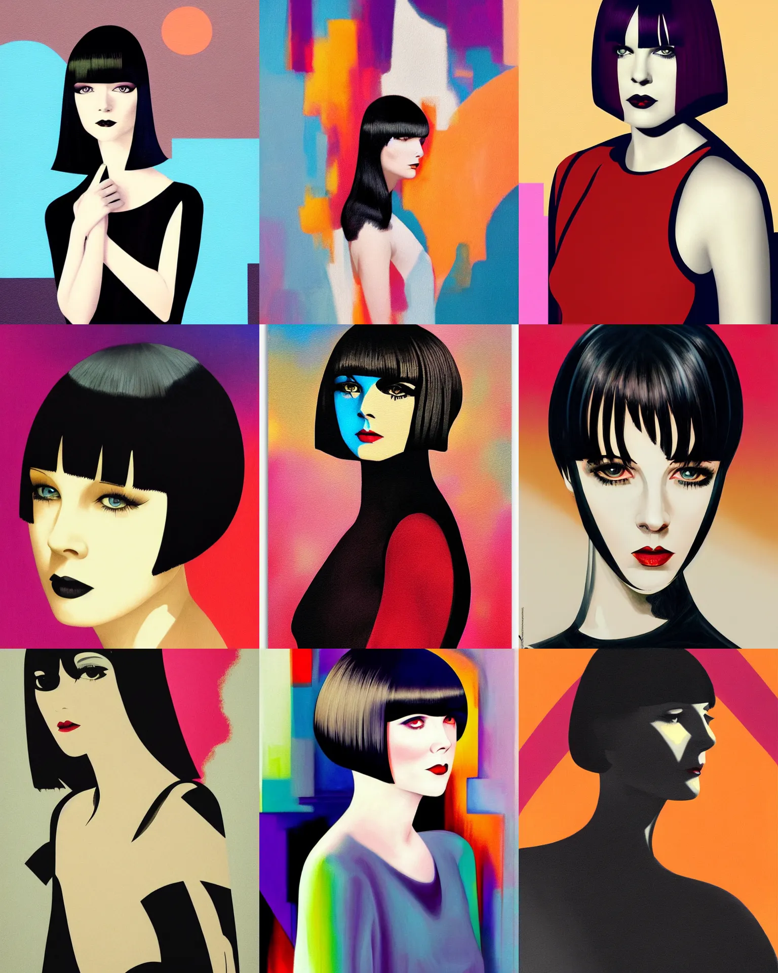 Image similar to full length portrait of mary louise brooks, shiny bob haircut, dramatic light, abstract art deco city background, sunset, 3 colour print, high contrast, sharp,, painted by ross tran