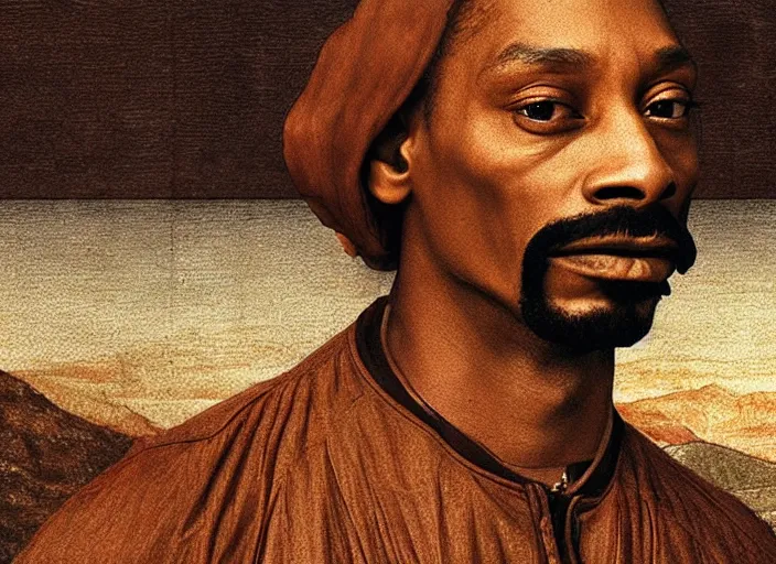 Image similar to a very high resolution image from a new movie, snoop dogg. drawn by leonardo da vinci. mountains, directed by wes anderson