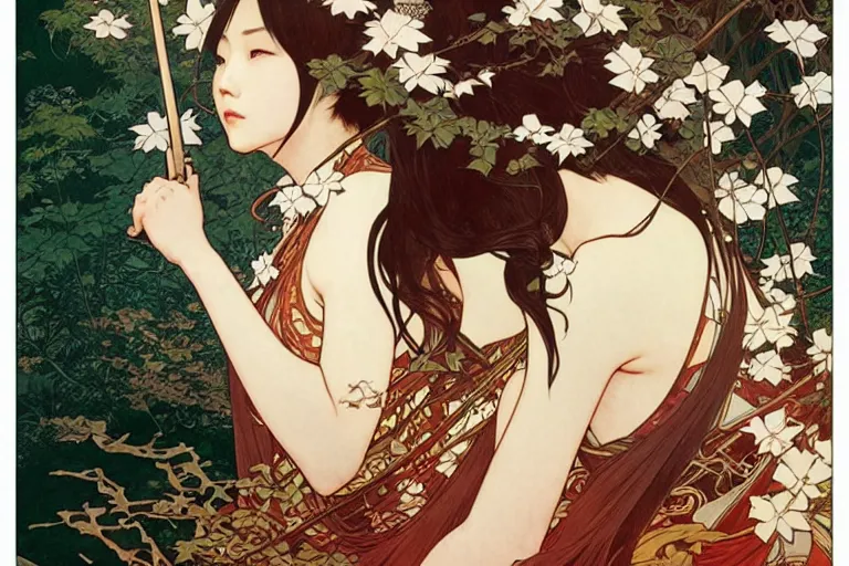 Image similar to beautiful cinematic fantasy poster, asian woman side view using a bokken in forest ; intricate complexity, by shigenori soejima, krenz cushart, alphonse mucha, takato yamamoto, conrad roset, 4 k, beautiful, high quality - h 9 6 0