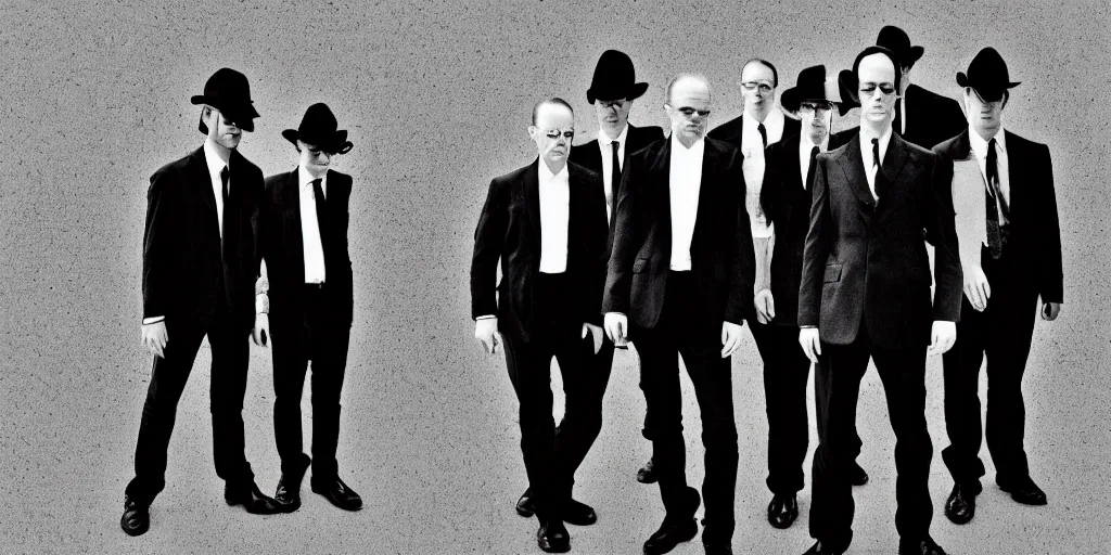 Prompt: Agent Smith, photo of a group, an album cover by David Gilmour Blythe, pinterest, bauhaus, tesseract, composition, national geographic photo, flemish baroque