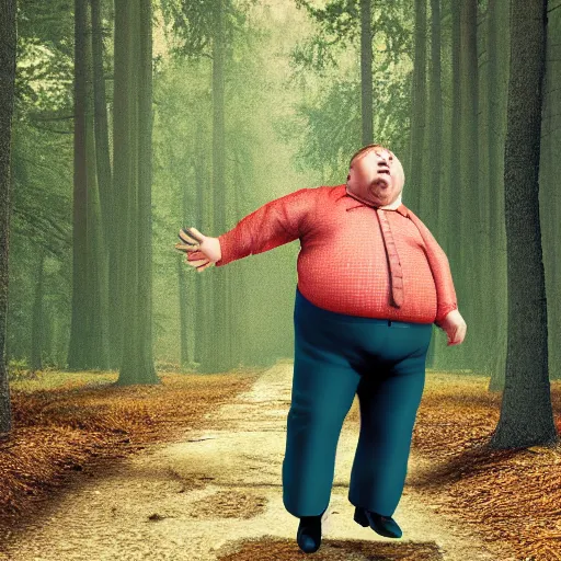 Prompt: fat happy man tap dancing on a table in a forrest, stunning detail, hyperreal rendering, octane render, highly detailed, cinematography atmosphere, dramatic, 4k