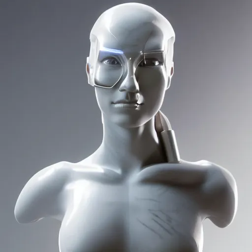 Image similar to a head and shoulders portrait of a female cyborg in her 20s, sculpture made of marble and aluminum, studio photography, cyberpunk lighting